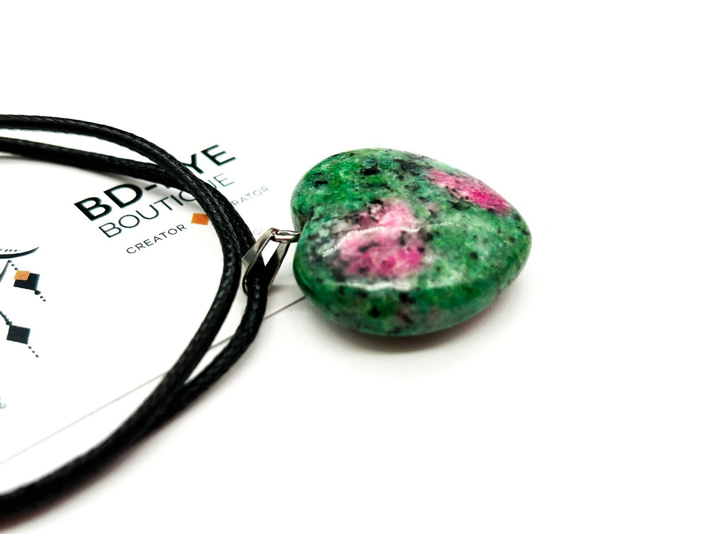 Ruby in Zoisite Heart Pendant Necklace Natural Gemstone Black Cord Necklace