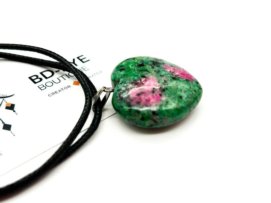 Ruby in Zoisite Heart Pendant Necklace Natural Gemstone Black Cord Necklace