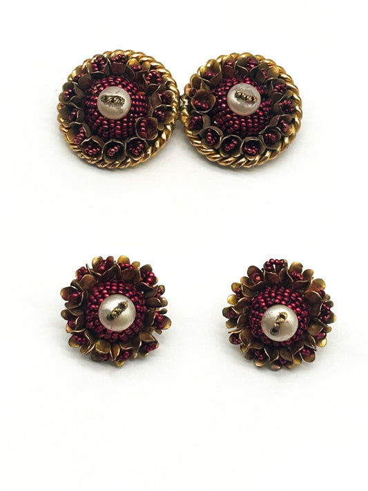 Vintage Cranberry Red Seed Bead Faux Pearl Demi Parure Brooch & Clip On Earrings