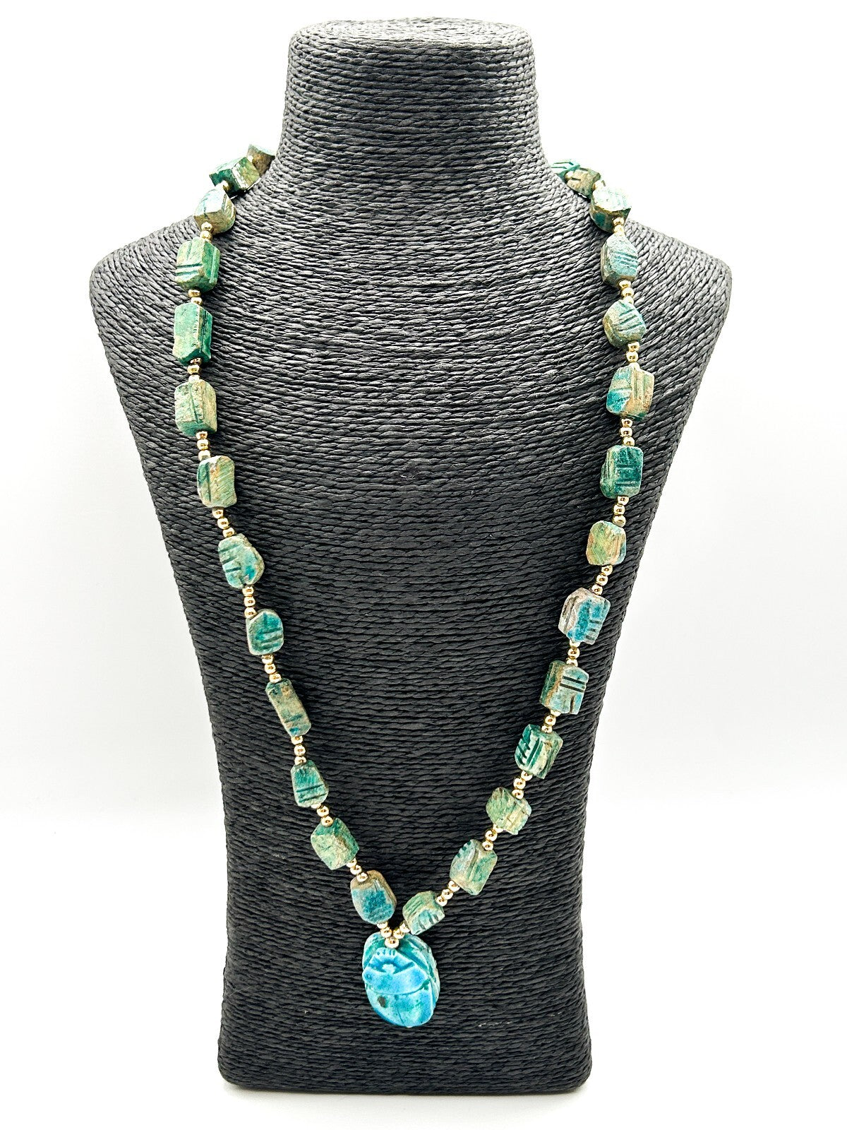 Vintage Egyptian Revival Scarab Necklace Blue Green Ceramic Beetle Pendant