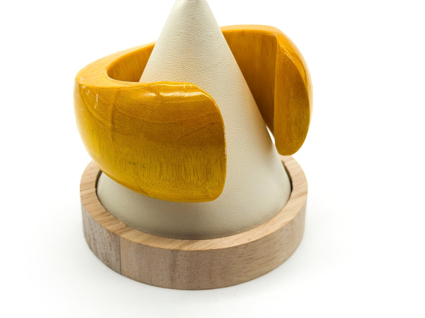 Vintage Mustard Yellow Wooden Cuff Bangle Wide Gloss Wood Statement Bracelet