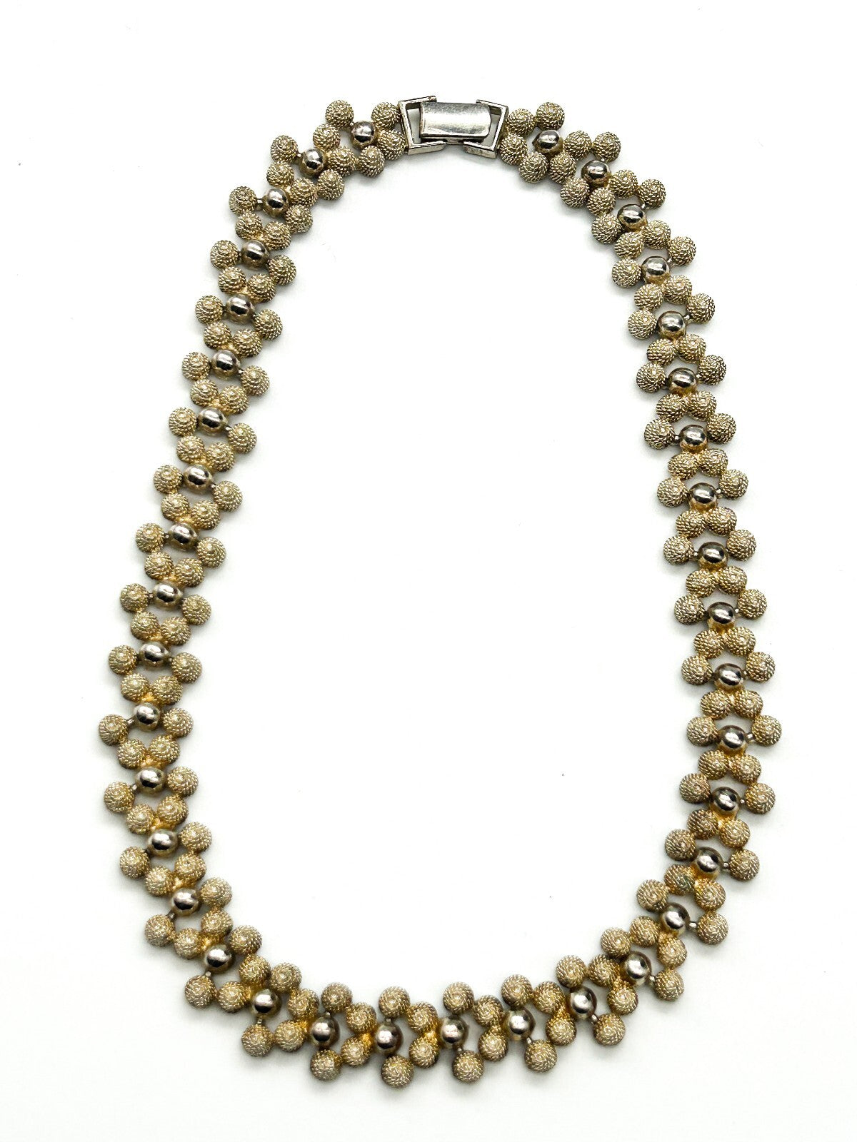 Vintage Gold Tone Rope Effect Ball Necklace Set Floral Stud Earrings 16.5”