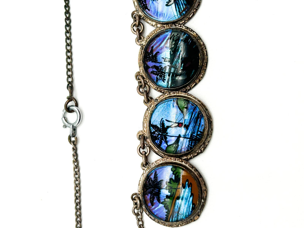 Morpho Butterfly Wing Necklace Tropical Painted Bubble Glass Brazil 1920s-1930s