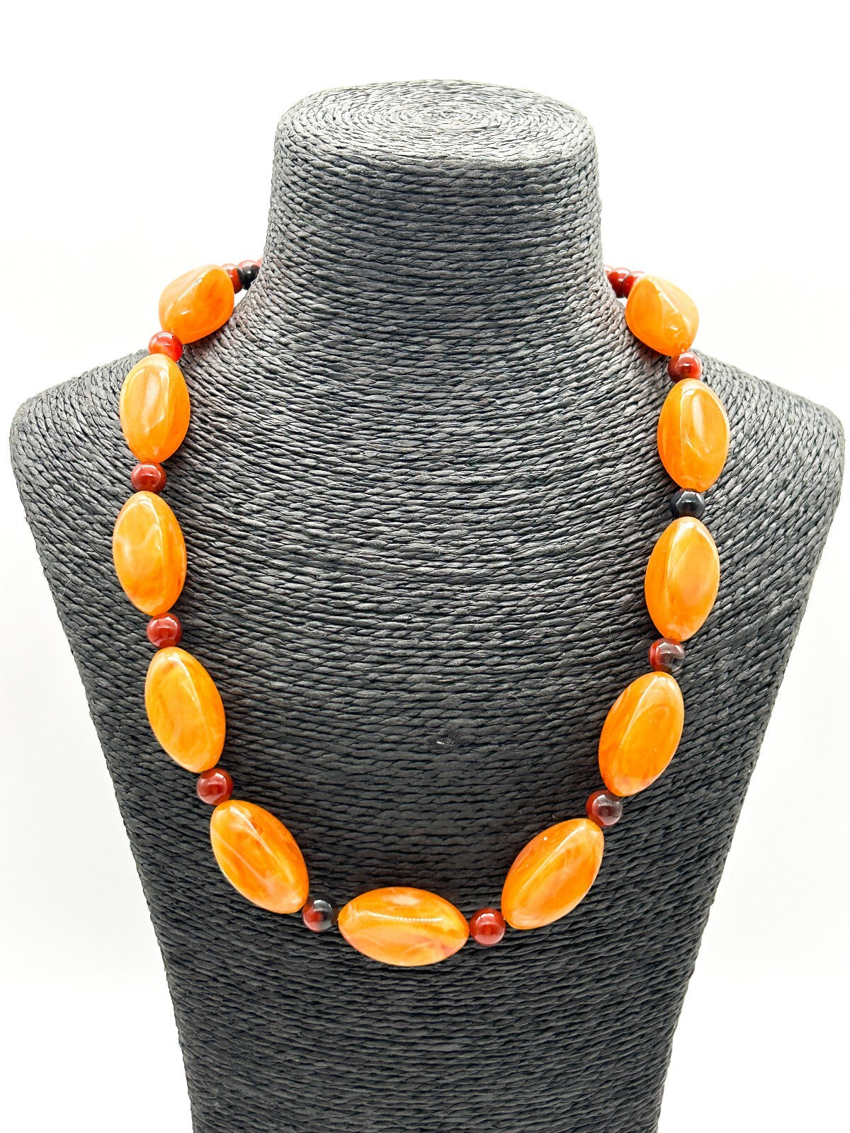 Orange Lucite Banded Agate Beaded Necklace Chunky Boho Statement 21.5”