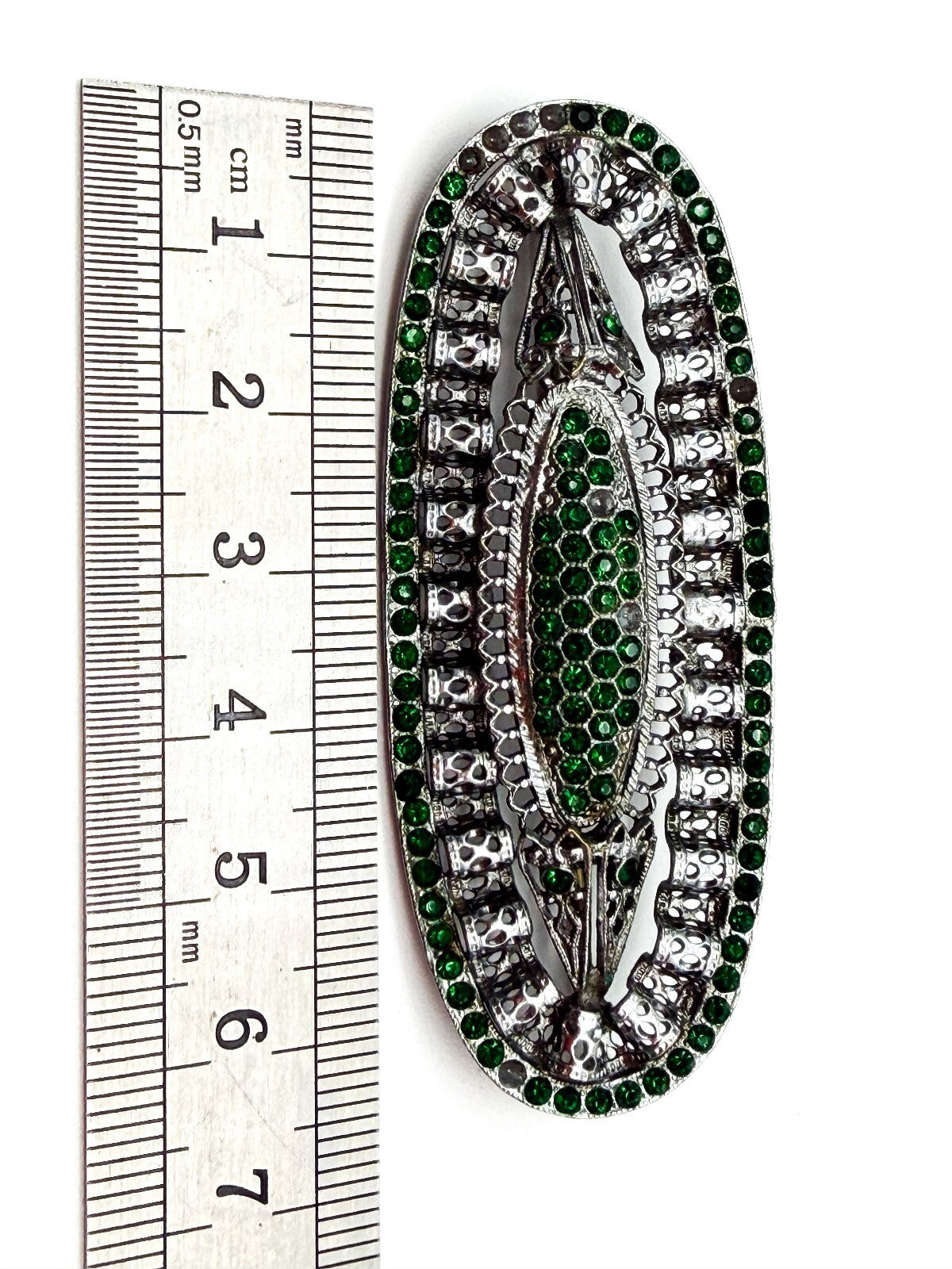 Vintage Art Deco Style Green Rhinestone Filigree Brooch Silver Tone Signed 468