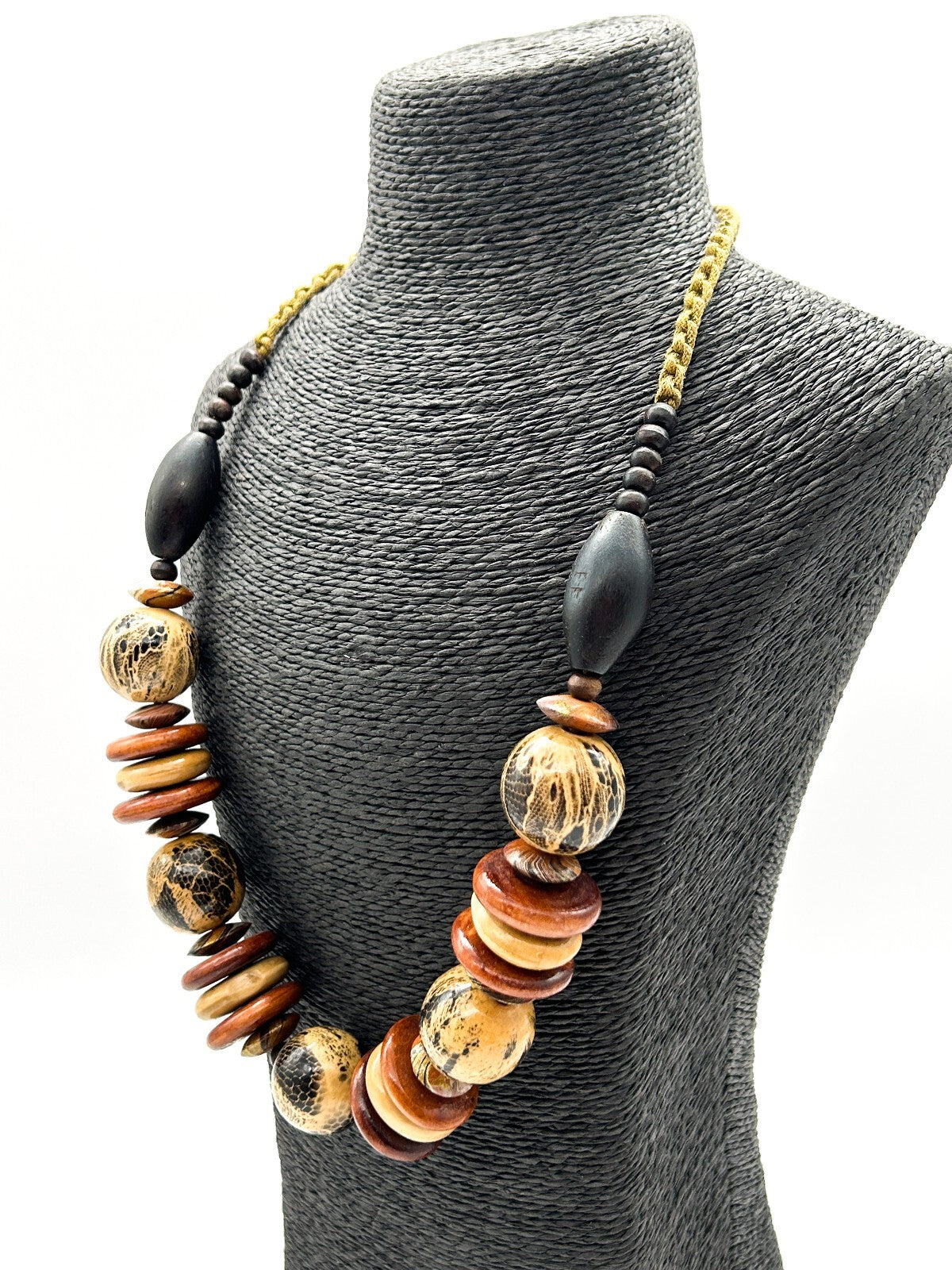 Vintage Chunky Wood Necklace Snakeskin Effect Beads Boho Statement 23”