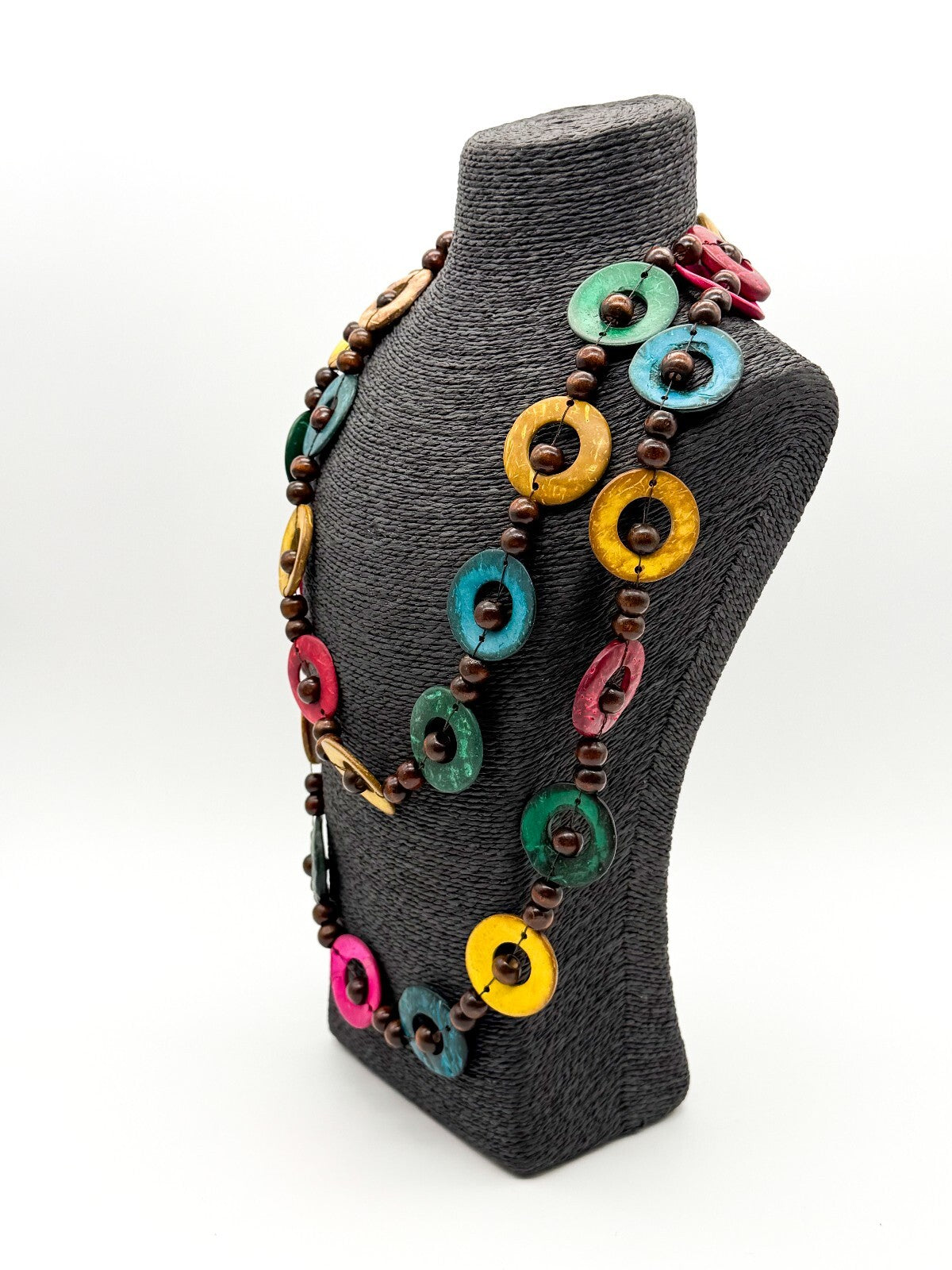 Colourful Dyed Coconut Shell & Wood Bead Necklace Boho 28” Long Festival