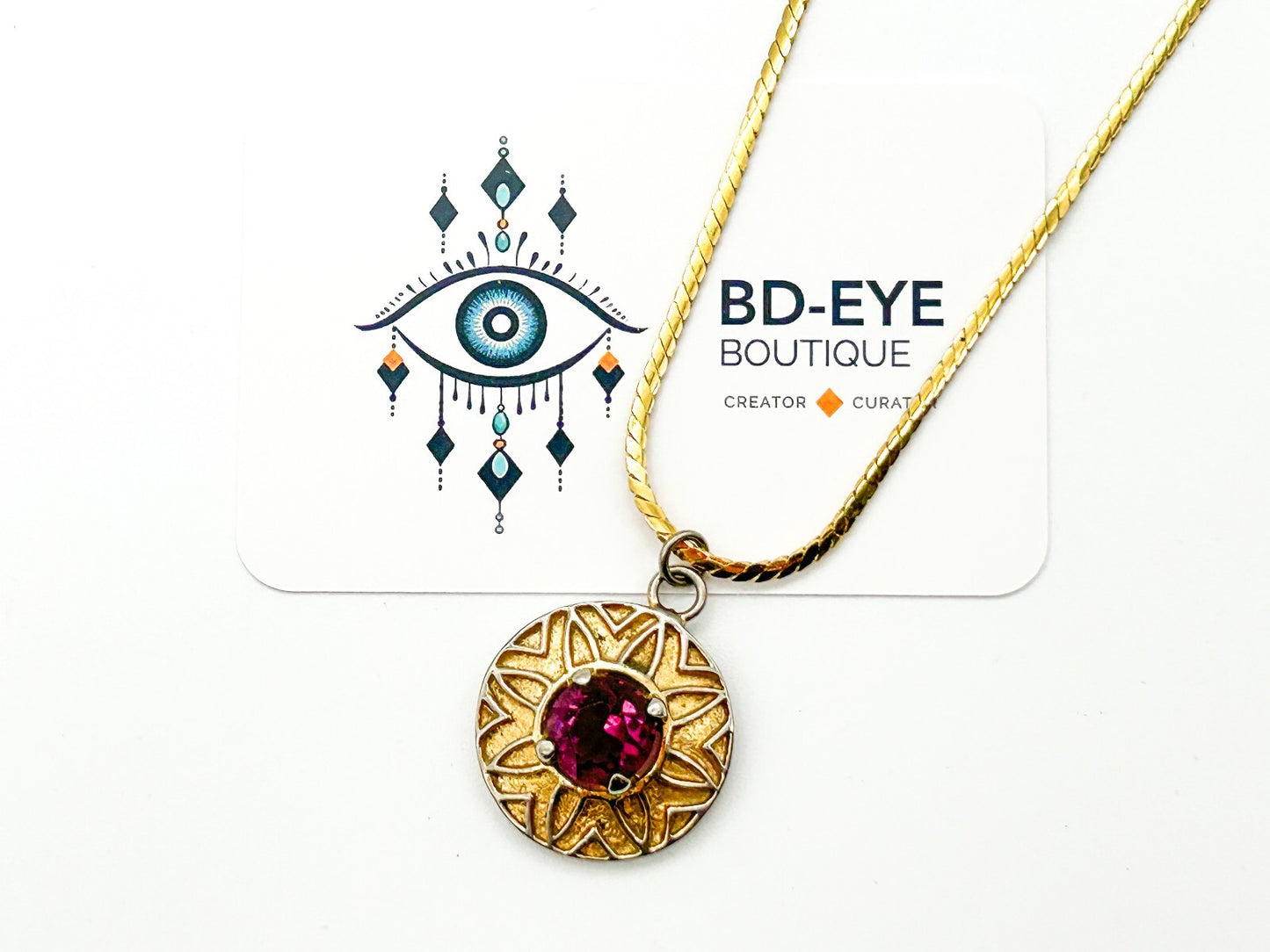 Vintage Purple Glass Statement Pendant Necklace Gold Tone Retro Jewellery