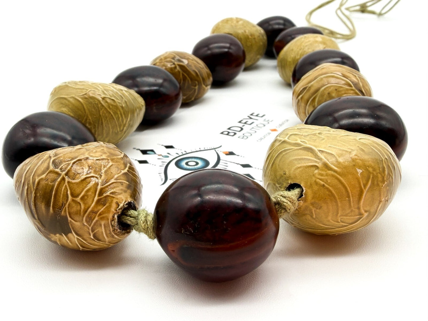 Kukui Nut Statement Necklace Brown Yellow Hand Knotted Adjustable Natural
