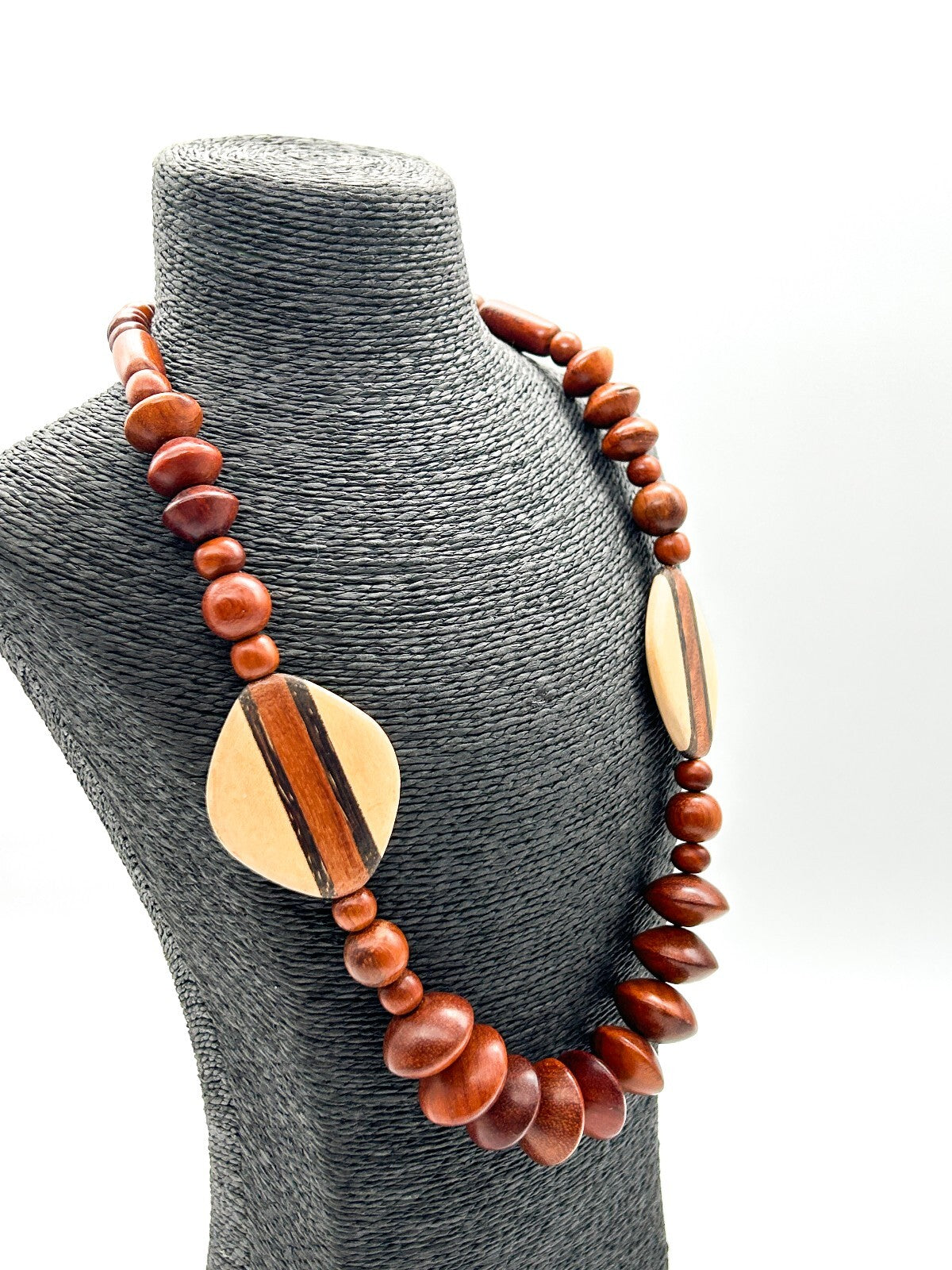 Vintage Chunky Wooden Bead Necklace Striped Geometric Boho 90s Retro Statement