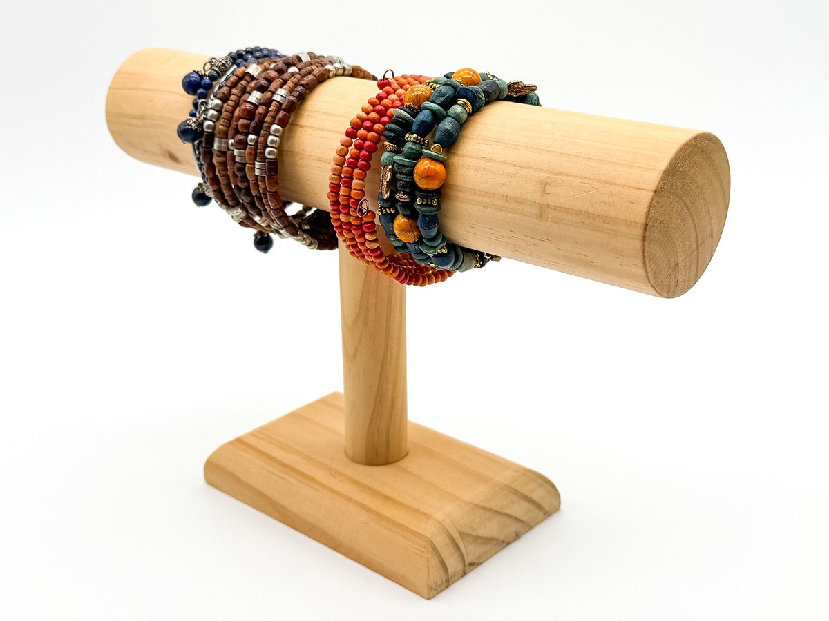 Boho Memory Wire Bracelet Bundle Set 4 Lapis Lazuli Wood Beaded Stack Bracelets
