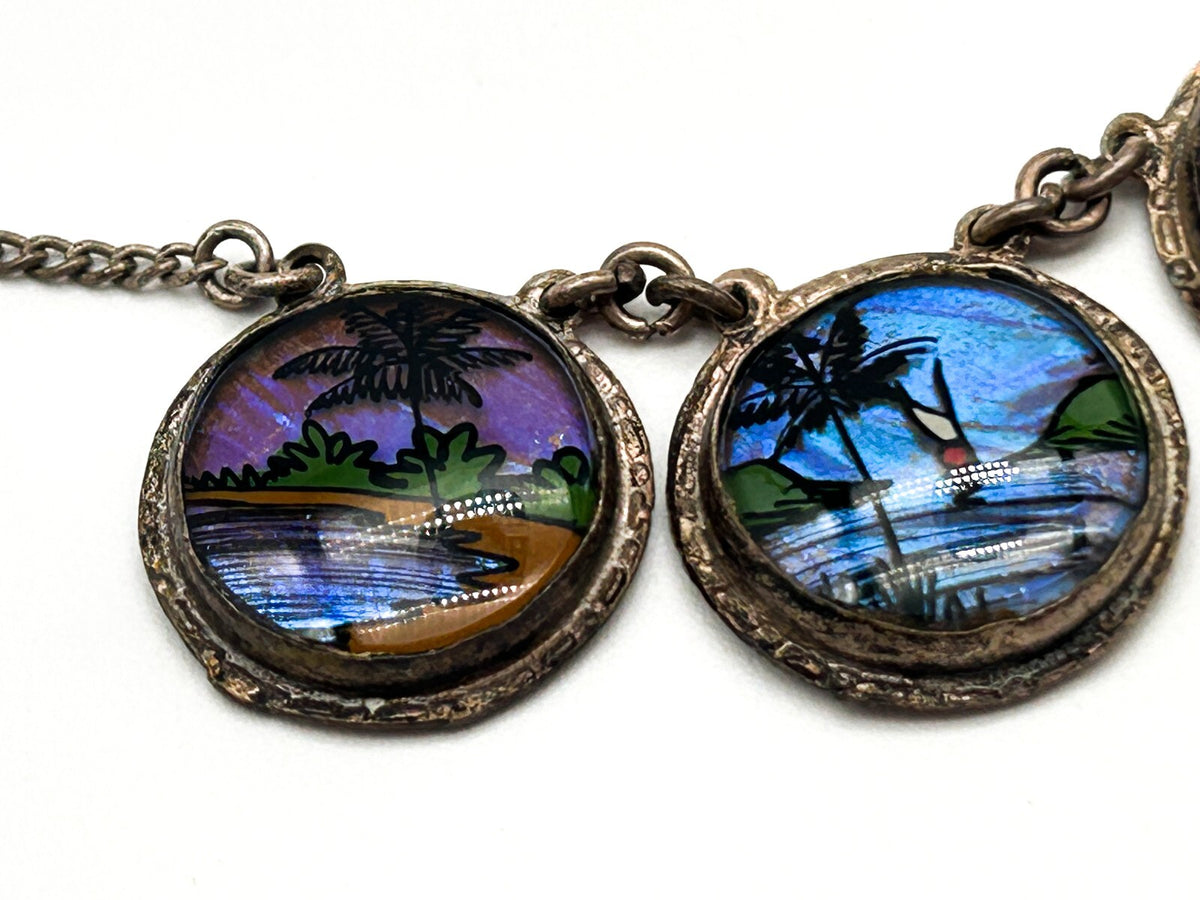 Morpho Butterfly Wing Necklace Tropical Painted Bubble Glass Brazil 1920s-1930s