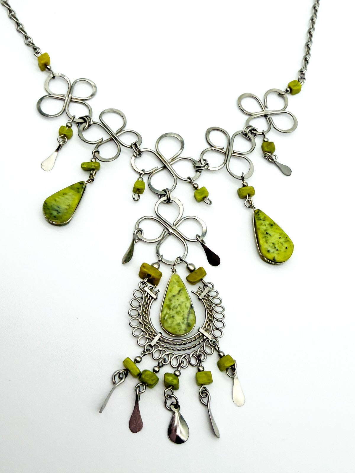 Peruvian Alpaca Silver Serpentine Necklace Earrings Set Wirework Floral Bib