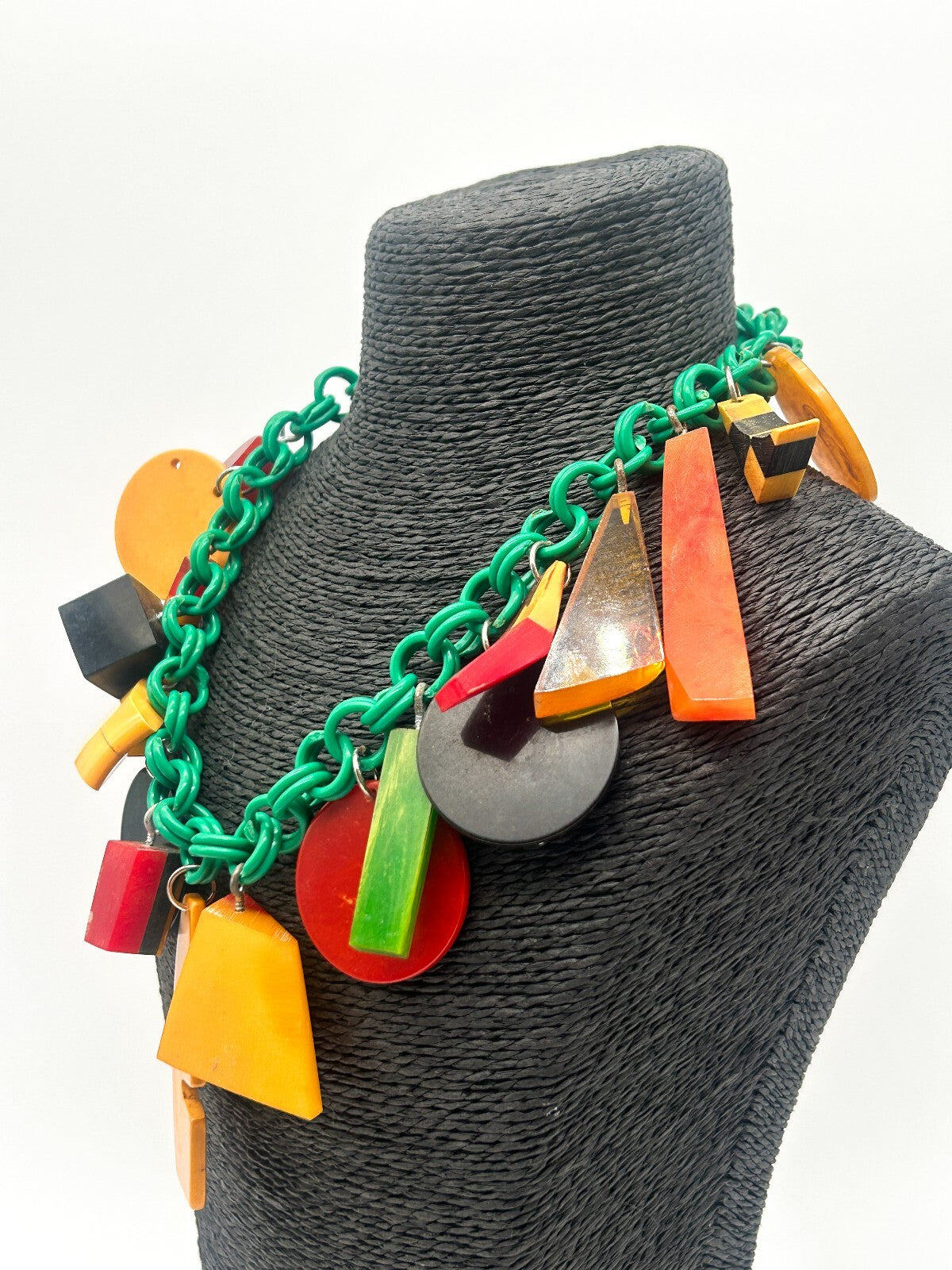 Vintage Bakelite Charm Necklace Attrib. Jan Carlin Celluloid Chain Statement