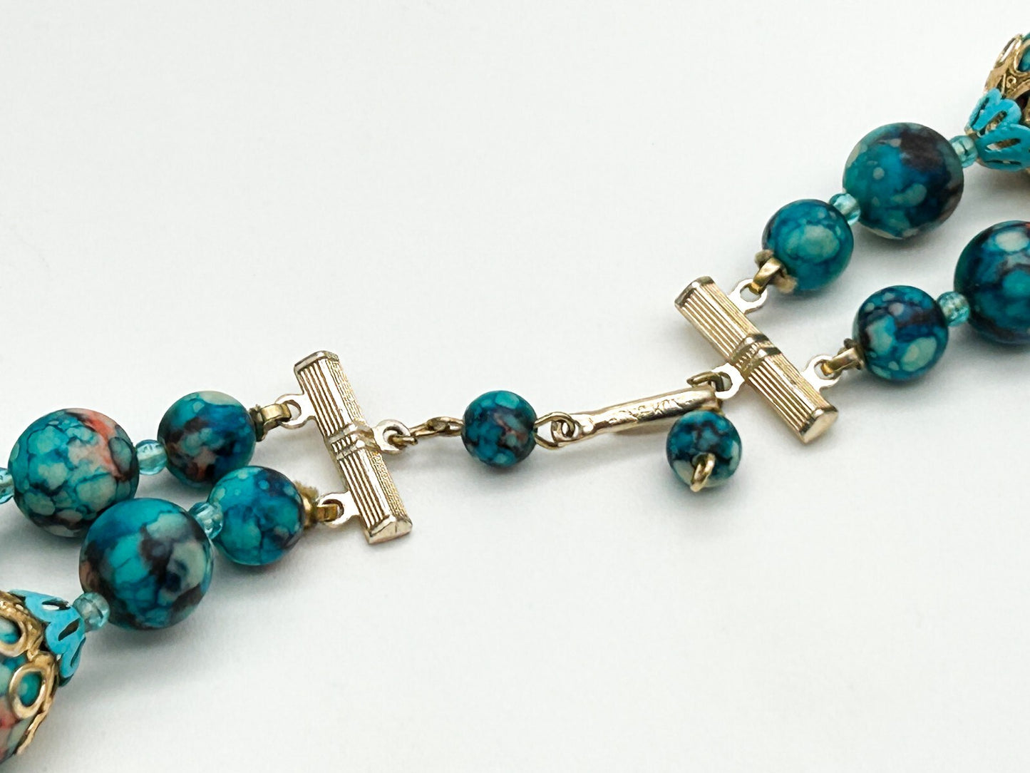 Vintage Hong Kong Double Strand Turquoise Marble Bead Necklace Blue Statement