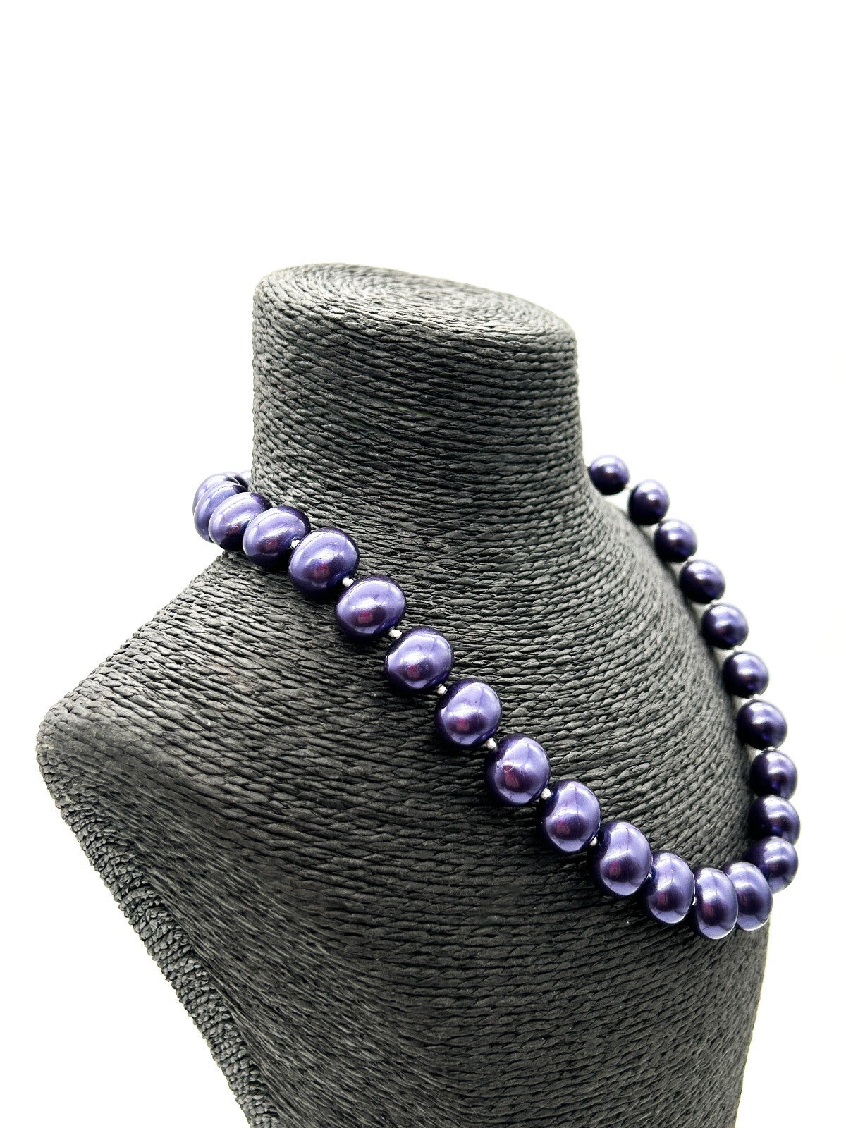 Vintage Chunky Purple Glass Faux Pearl Necklace Hand Knotted Magnetic Clasp