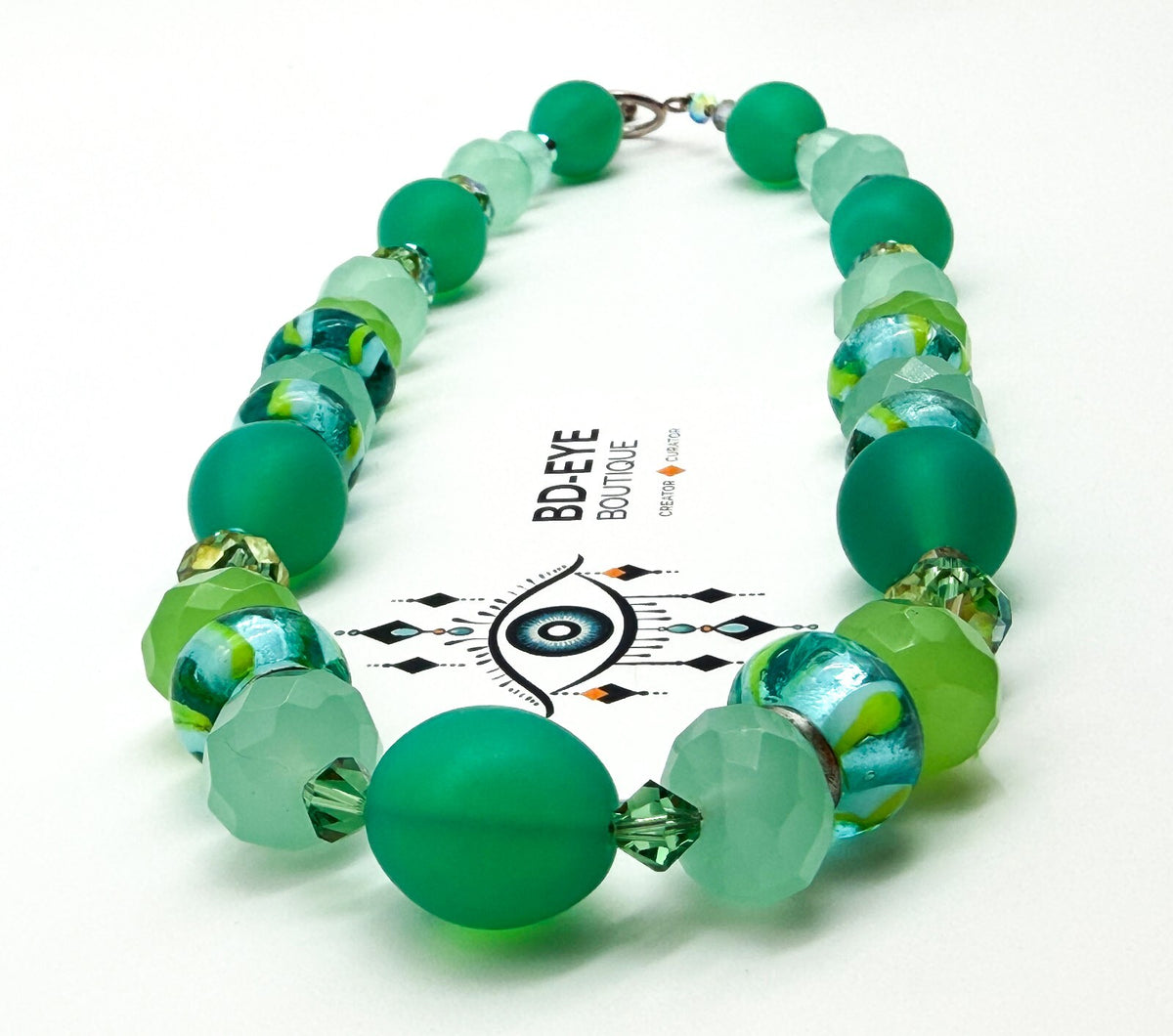 Frosted Green Glass Necklace Earrings Set Lampwork Beads Toggle Clasp Statement