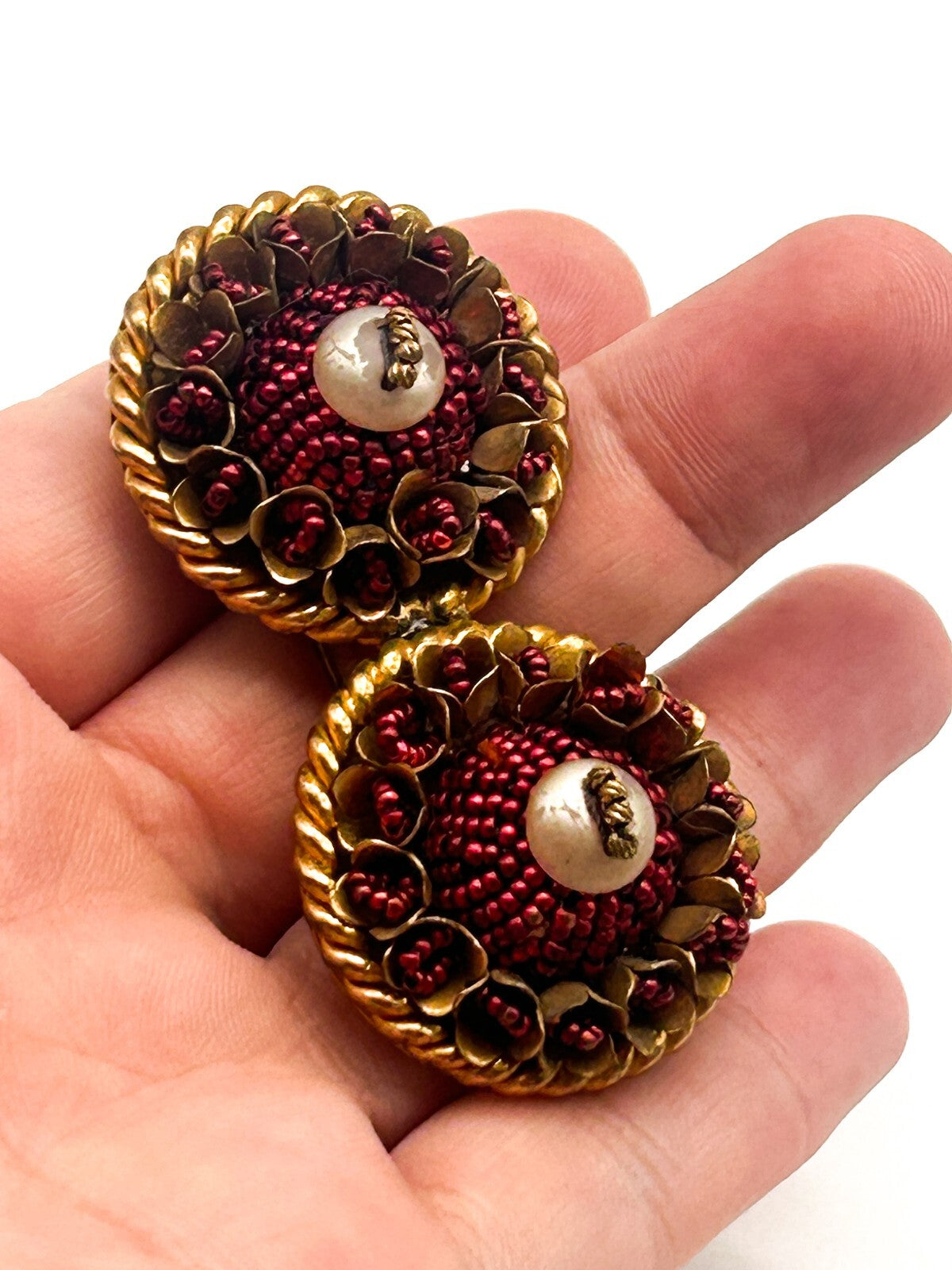 Vintage Cranberry Red Seed Bead Faux Pearl Demi Parure Brooch & Clip On Earrings