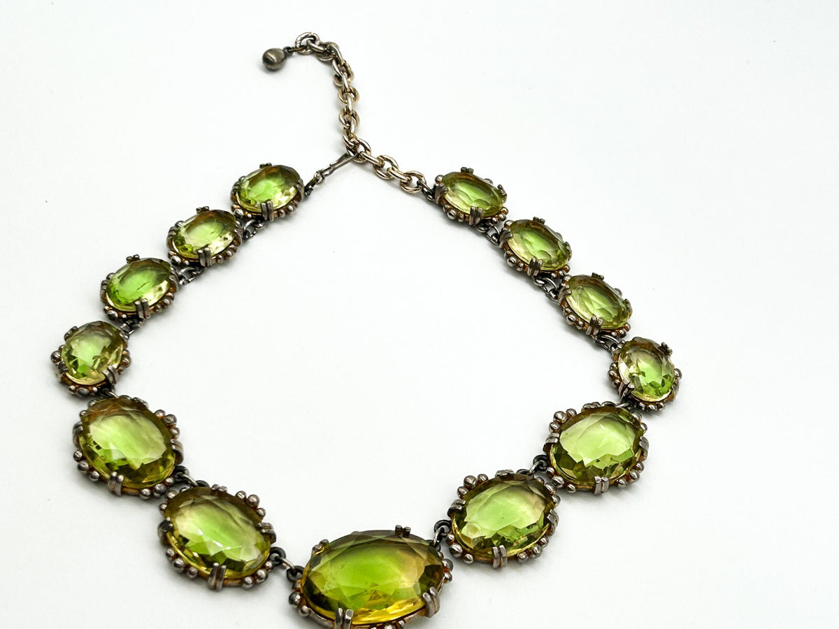 Vintage Lime Green Yellow Faceted Glass Statement Necklace Prong Oval Crystal