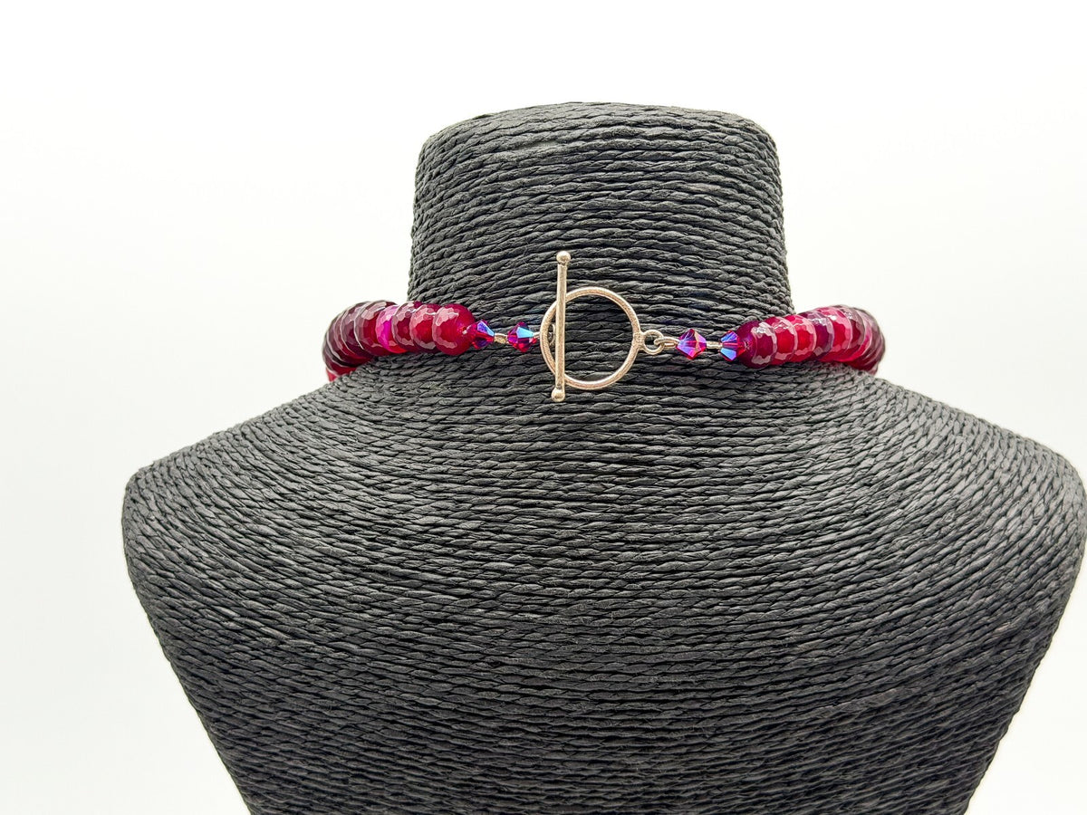 Chunky Ruby Red Quartz Necklace Faceted Magenta Gemstone Statement Toggle Clasp
