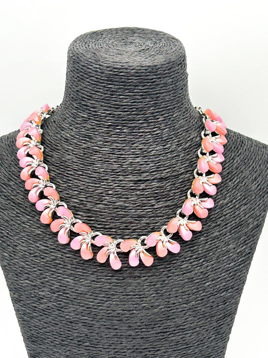 Vintage Unsigned Coro Pink Floral Thermoset Lucite Moonglow Moonray Necklace