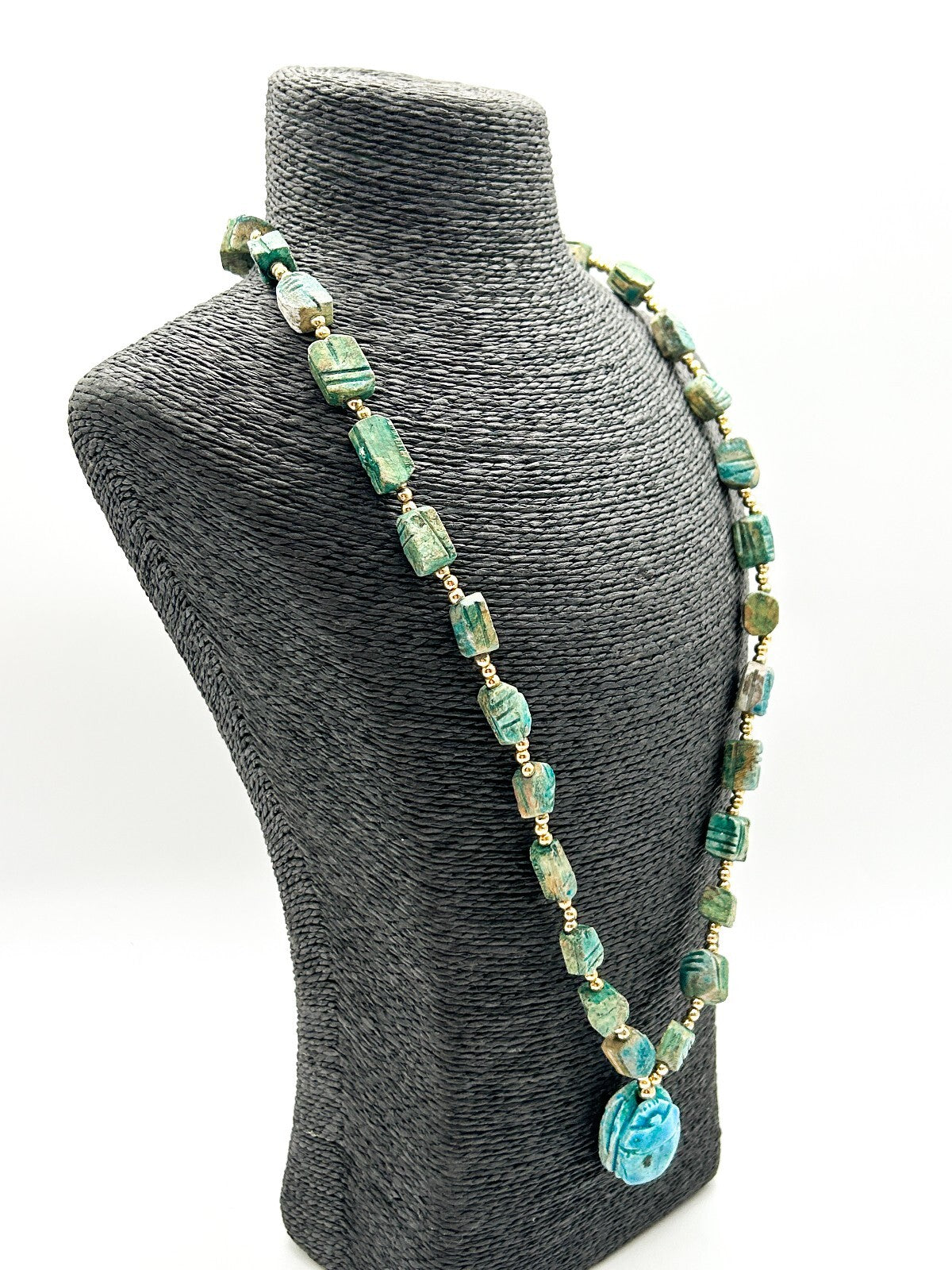Vintage Egyptian Revival Scarab Necklace Blue Green Ceramic Beetle Pendant