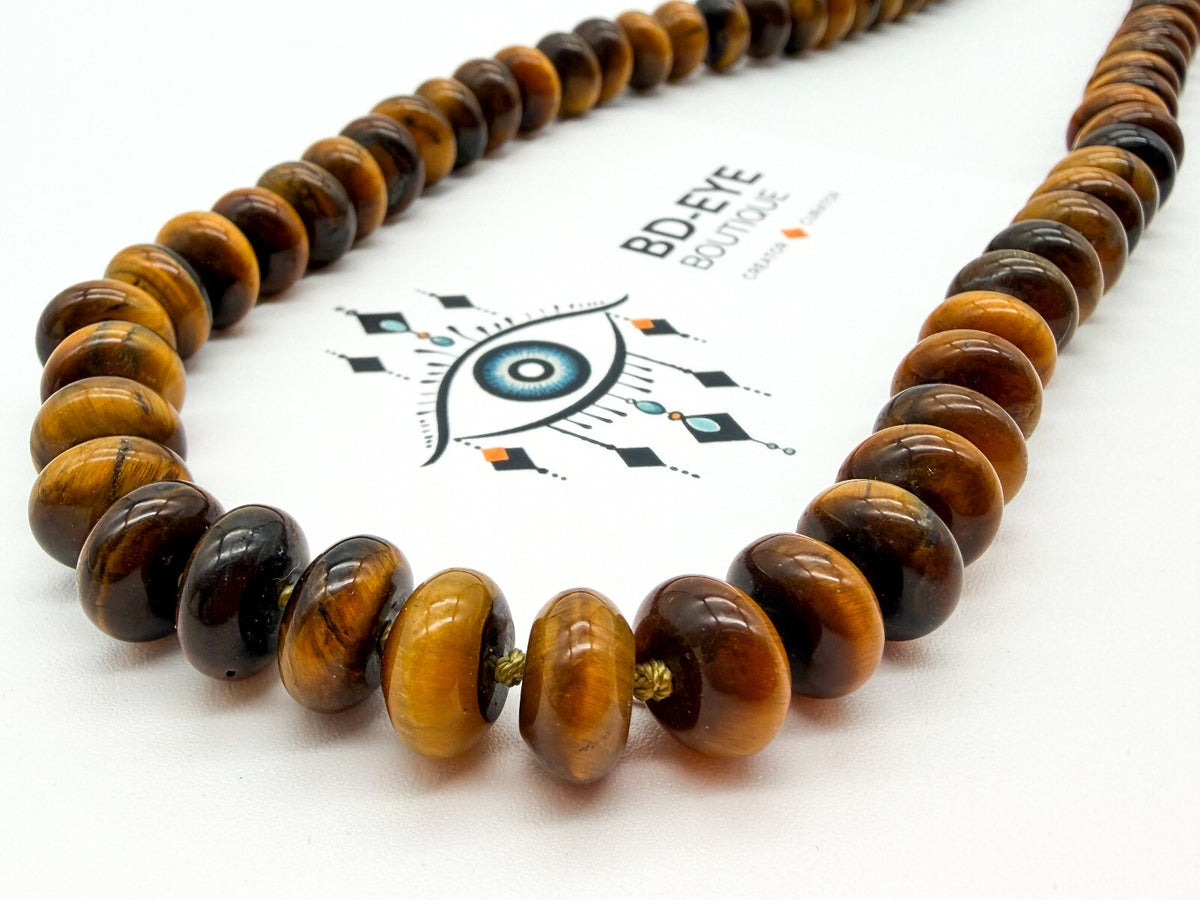 Tiger Eye Disc Bead Necklace Hand Knotted 925 Sterling Silver Clasp Boho 20" 66g
