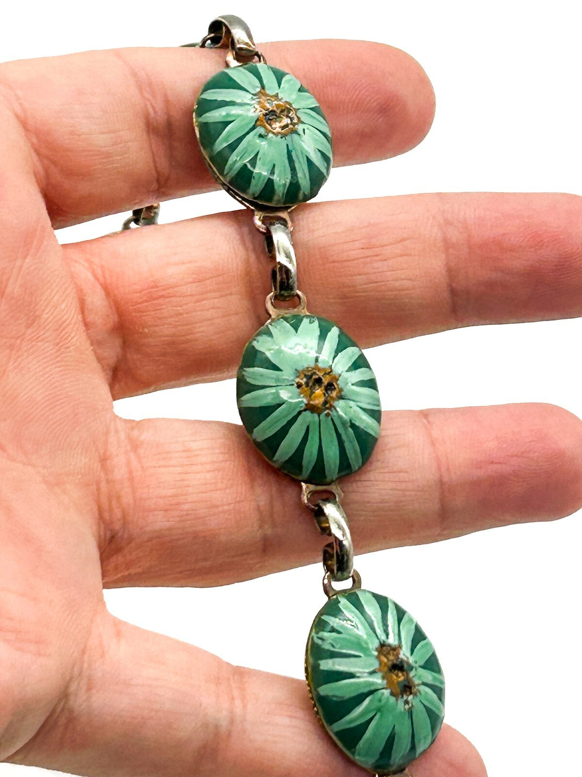 Vintage Hand Painted Ceramic Panel Bracelet Teal Green Floral Link Bracelet 8.5”