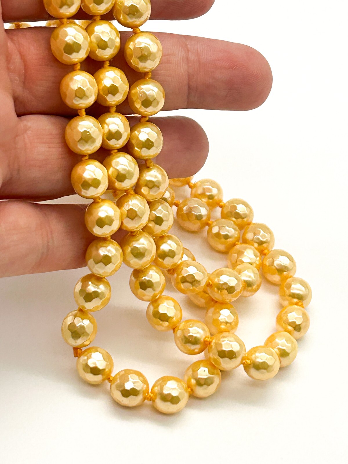 Vintage Yellow Glass Pearl Lustre Beaded Necklace Hand Knotted Long 29”