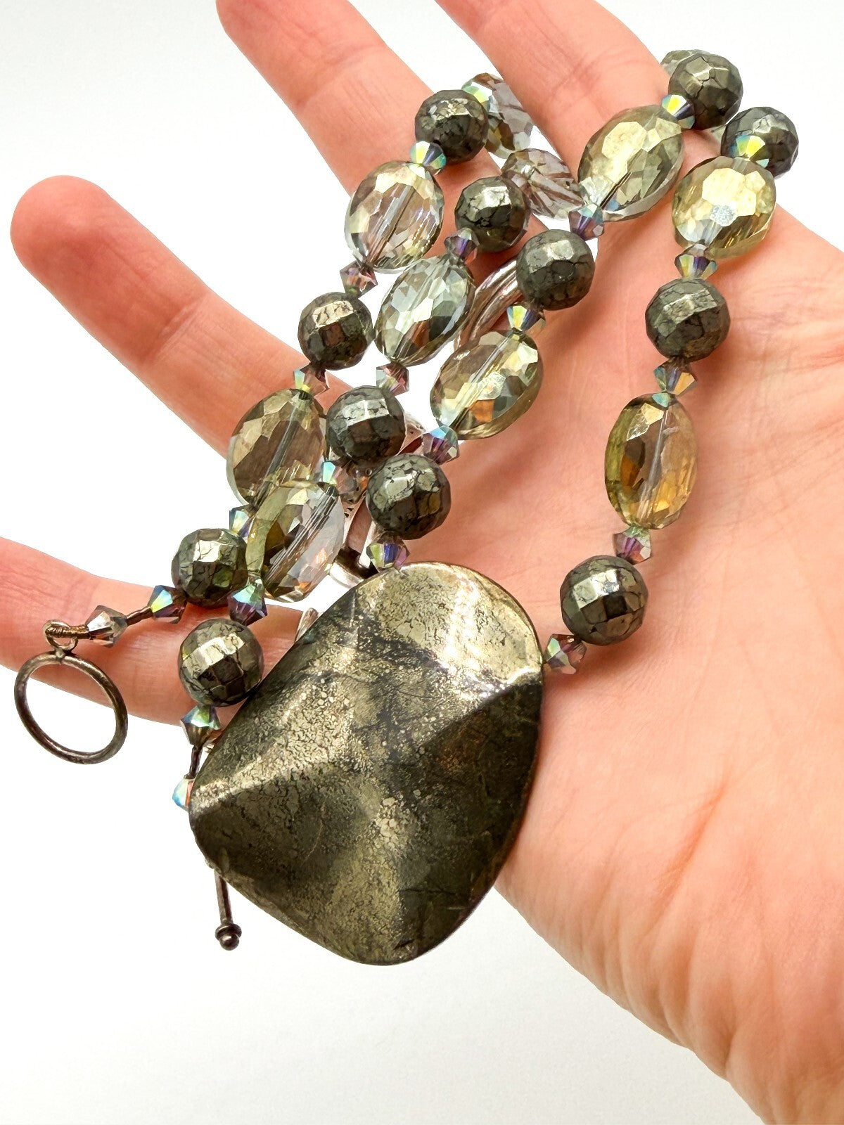 Natural Pyrite Statement Necklace Faceted Smoky AB Crystal Gemstone Pendant