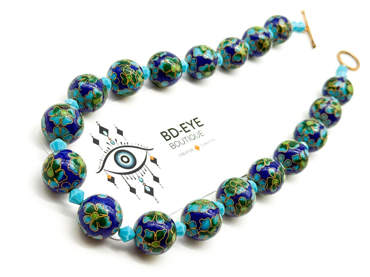 Cloisonné Enamel Bead Necklace Blue Green Floral Artisan Toggle Statement