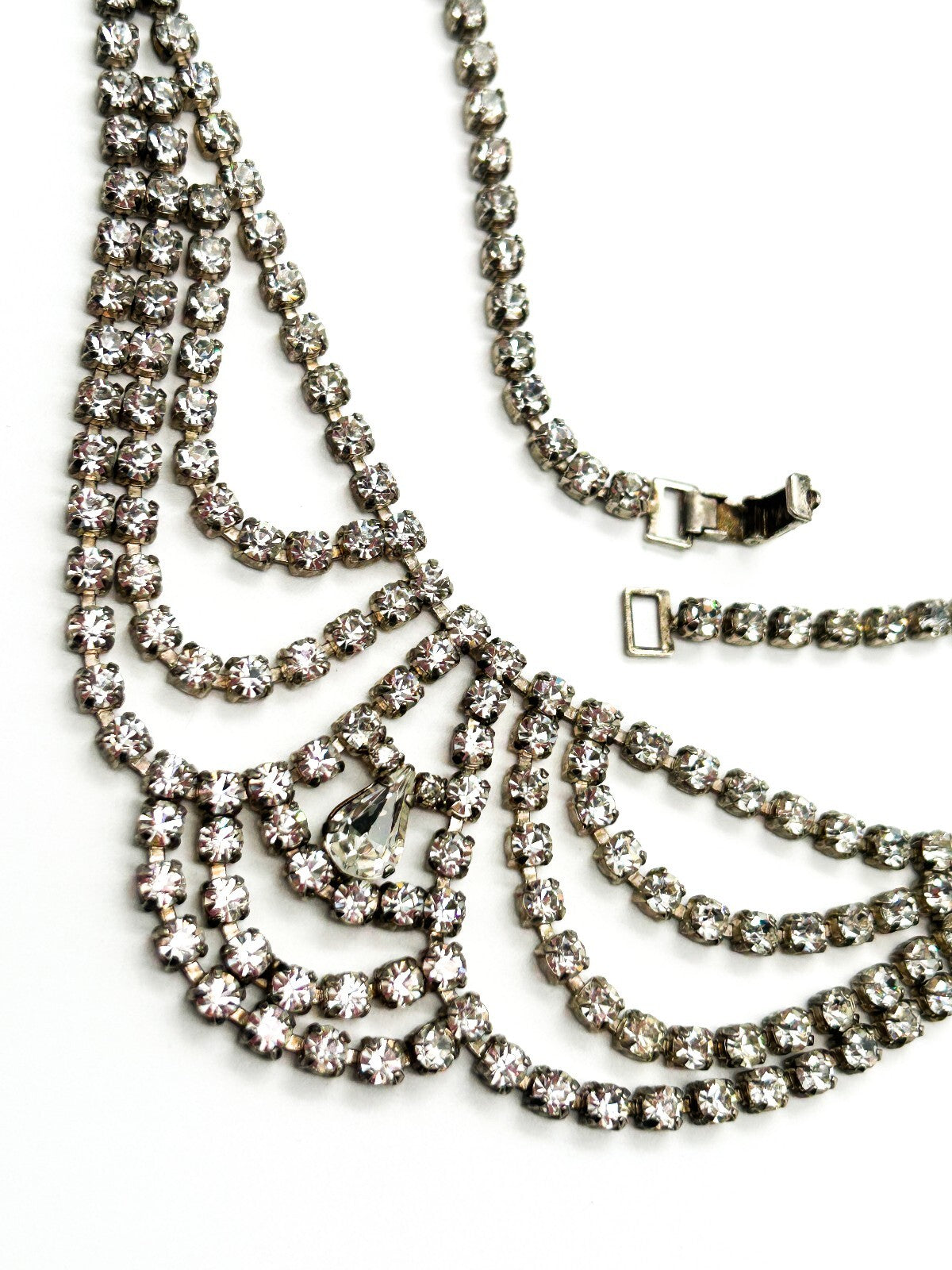 Vintage Rhinestone Bib Necklace Silver Tone Draped Cup Chain Bridal Statement