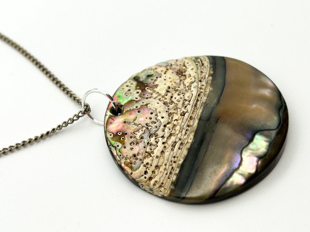 Carved Natural Paua Abalone Shell Face Pendant Necklace Iridescent Statement