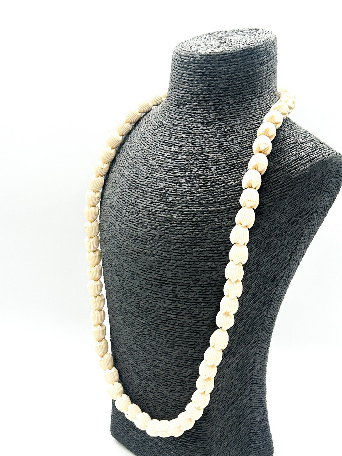 Vintage Carved Celluloid Flower Bud Necklace Cream Ribbed Bead Long Strand