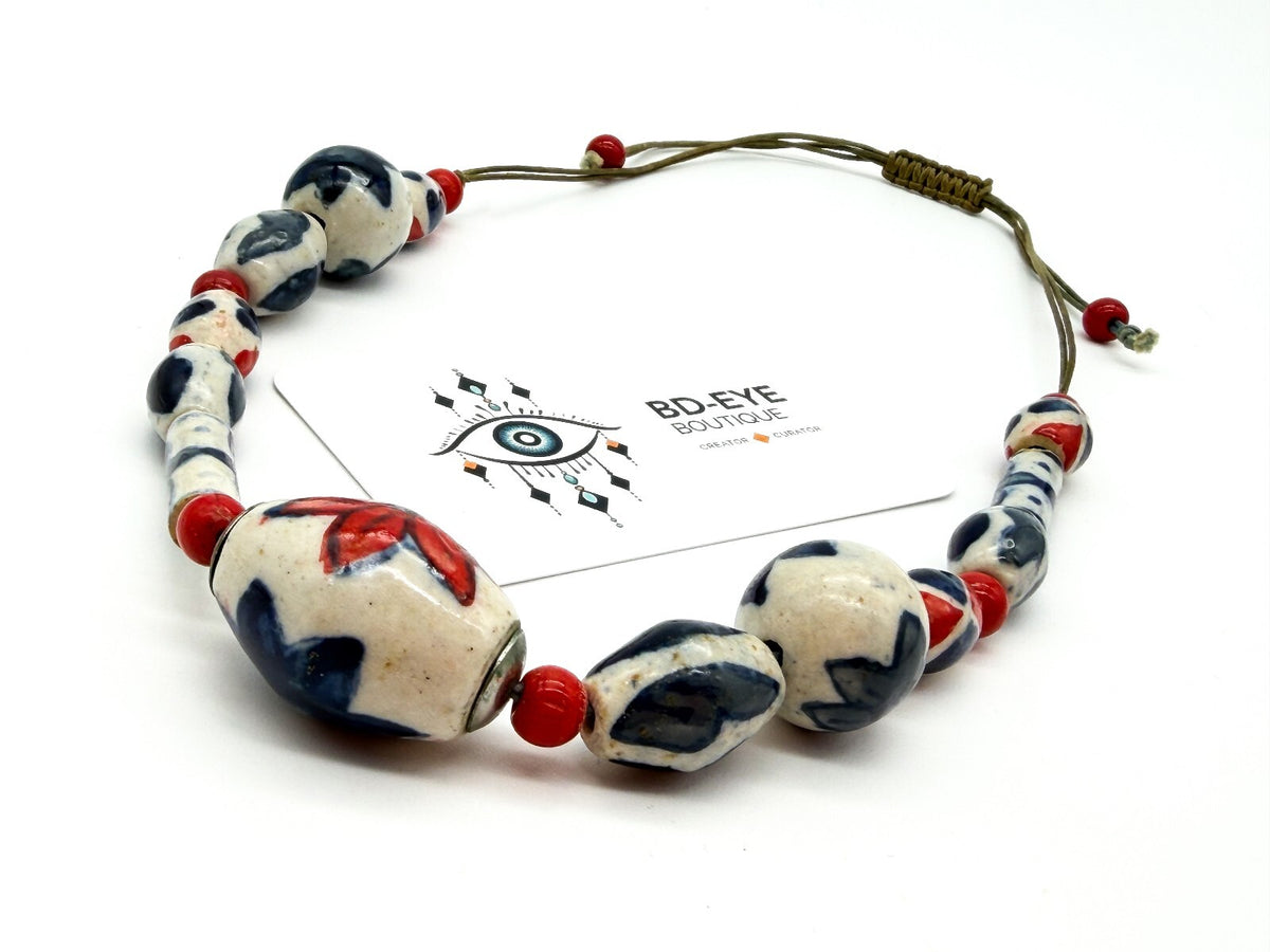 Vintage Red Blue White Ceramic Bead Necklace Adjustable Boho Floral Statement