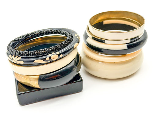 Vintage Black White Cream Bangle Bundle Gold Tone Acrylic Enamel Bracelet Set
