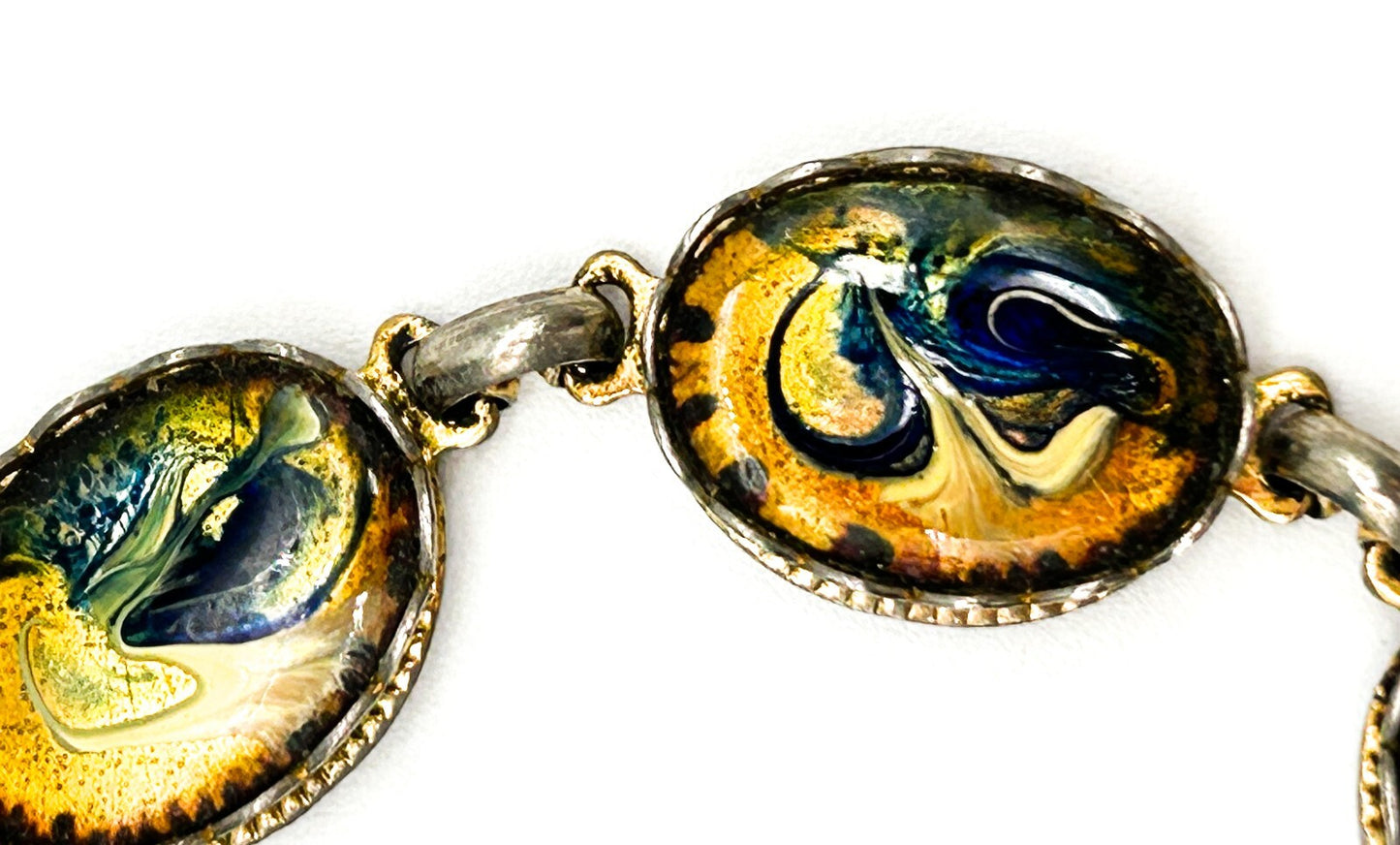 Vintage Enamel Panel Bracelet Gold Blue White Marbled Swirl Oval Bracelet 7.5”