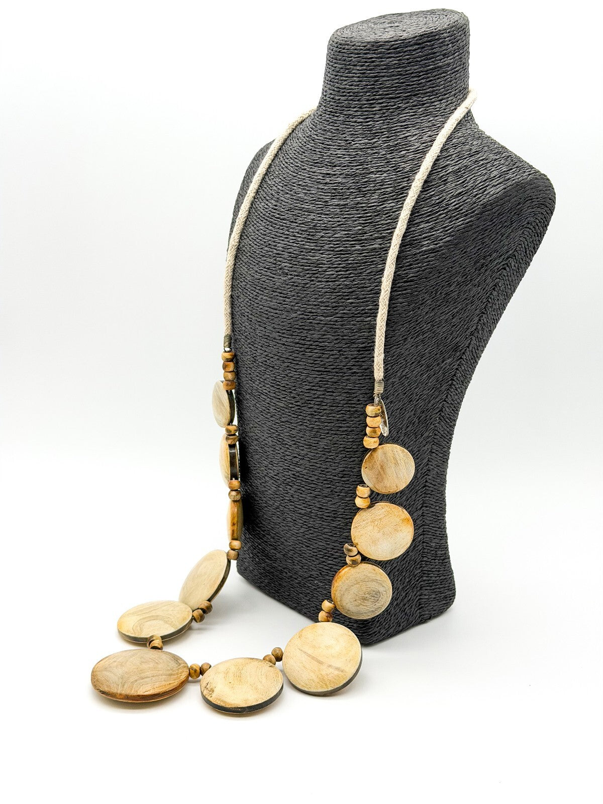 Bandolera Artisan Wooden Disc Necklace Long Statement Boho Natural Wood 19.5”