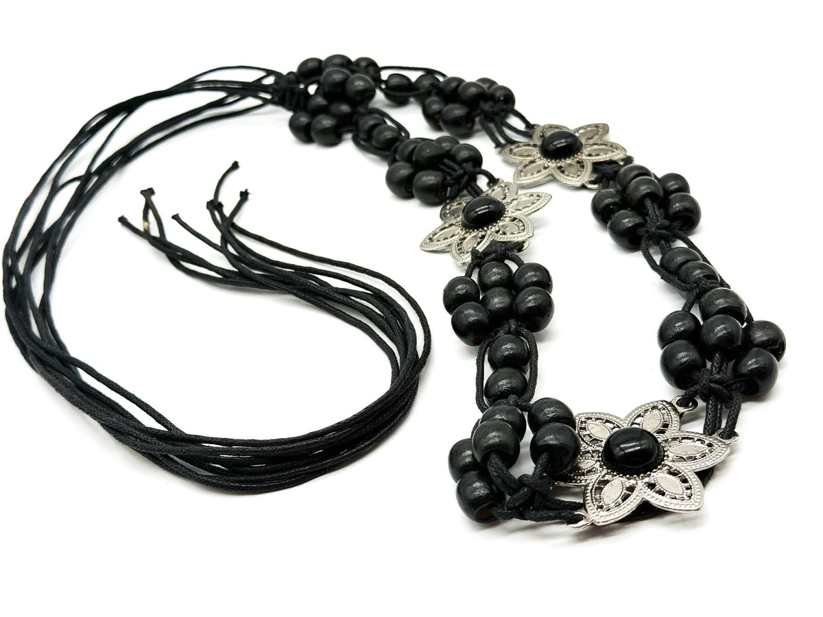 Vintage Black Wooden Bead Tie Belt Multi Strand Boho Floral Silver Tone