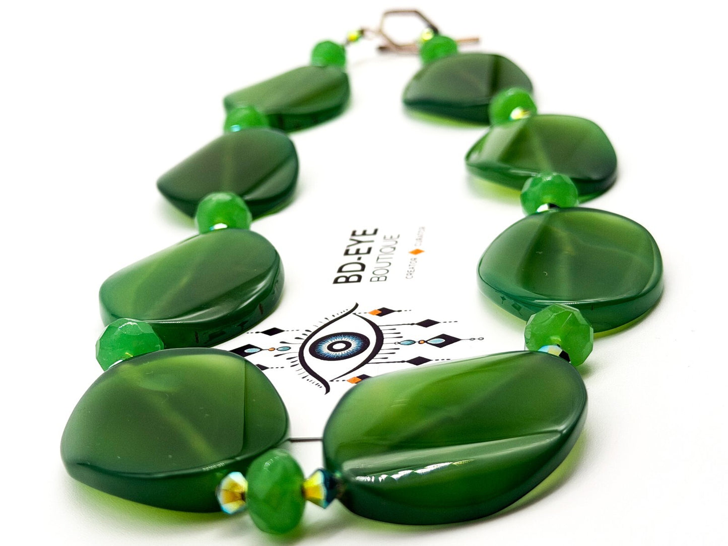 Chunky Green Agate Statement Necklace Faceted Glass Aurora Borealis Beads