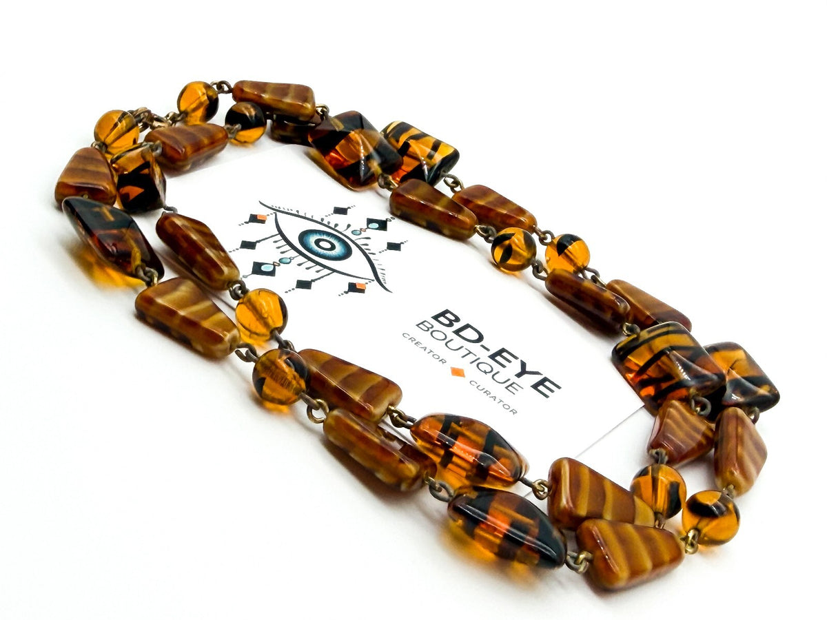 Vintage Amber Art Glass Necklace Givre Black Stripe Geometric Beads 24.5 Inch