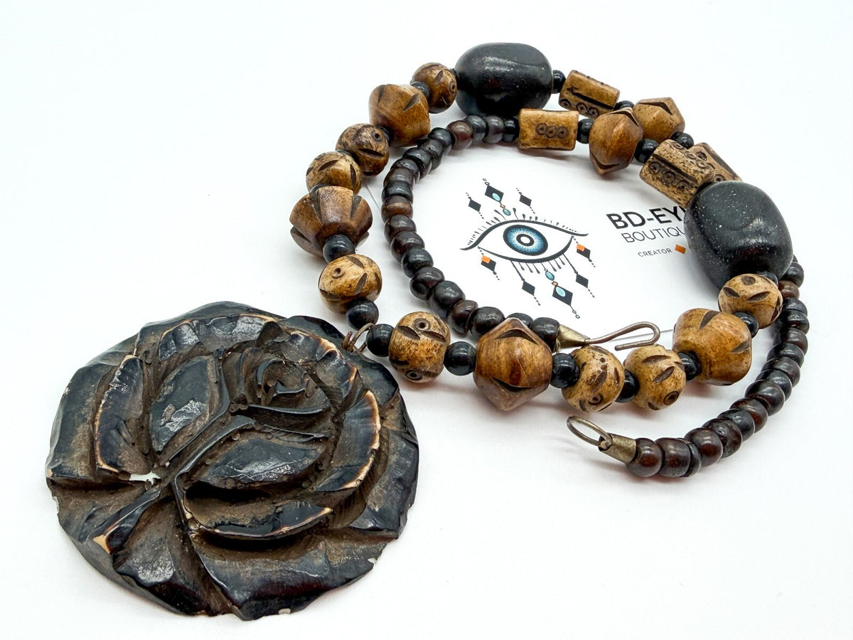 Vintage Boho Carved Organic Material Tribal Necklace Wood Bead Flower Pendant