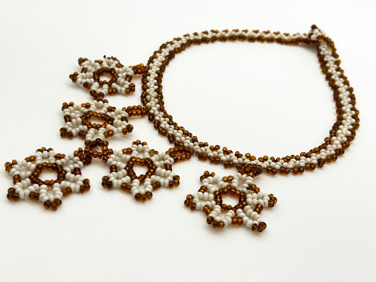 Vintage Handmade Artisan Flower Glass Bead Floral Bib Necklace Orange White