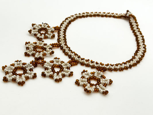Vintage Handmade Artisan Flower Glass Bead Floral Bib Necklace Orange White