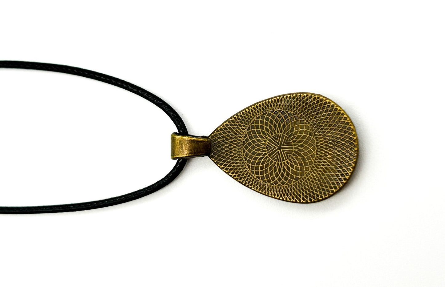 Brass Tone Floral Resin Teardrop Pendant Necklace Blue Geometric Pattern