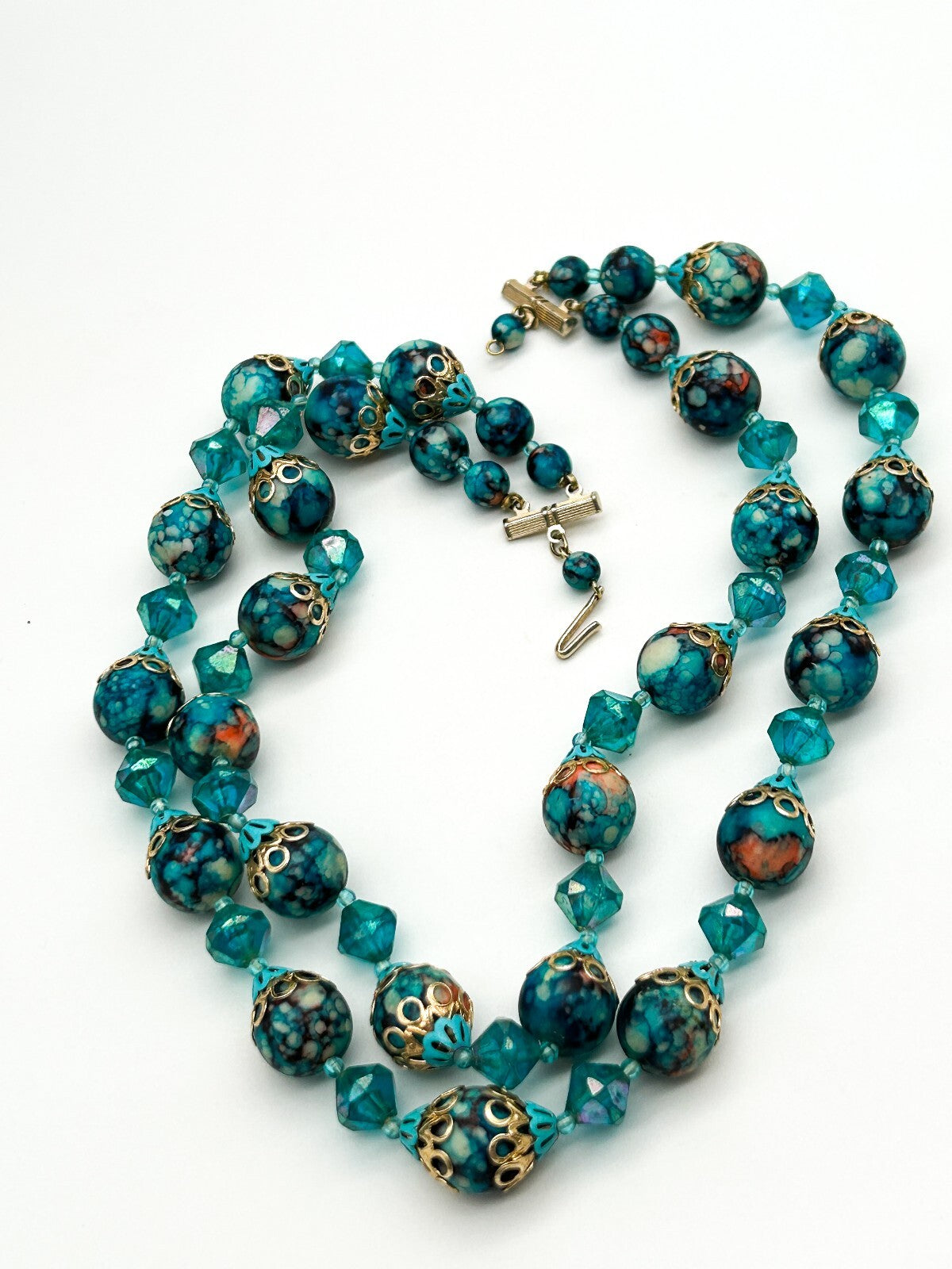 Vintage Hong Kong Double Strand Turquoise Marble Bead Necklace Blue Statement