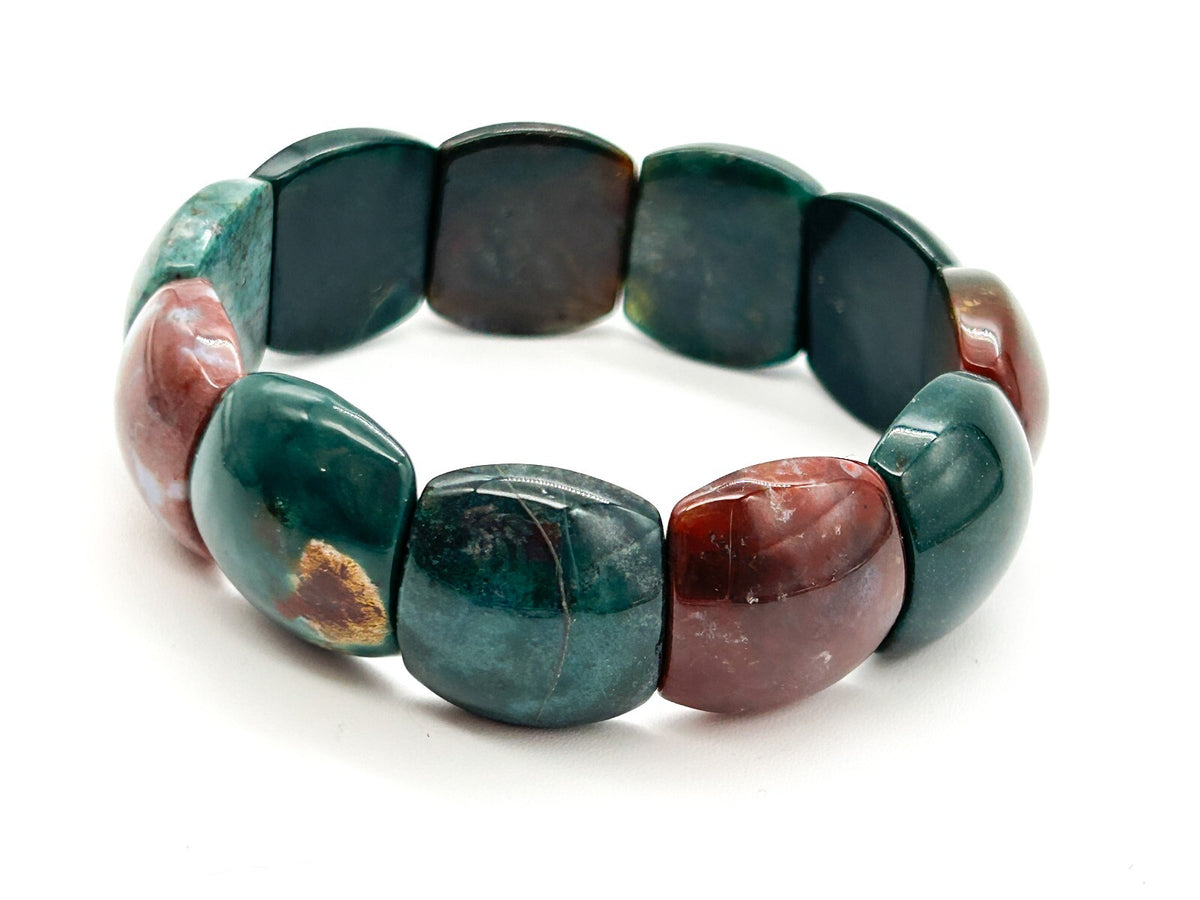Chunky Bloodstone Jasper Stretch Bracelet Green Red Gemstone Elastic Bracelet