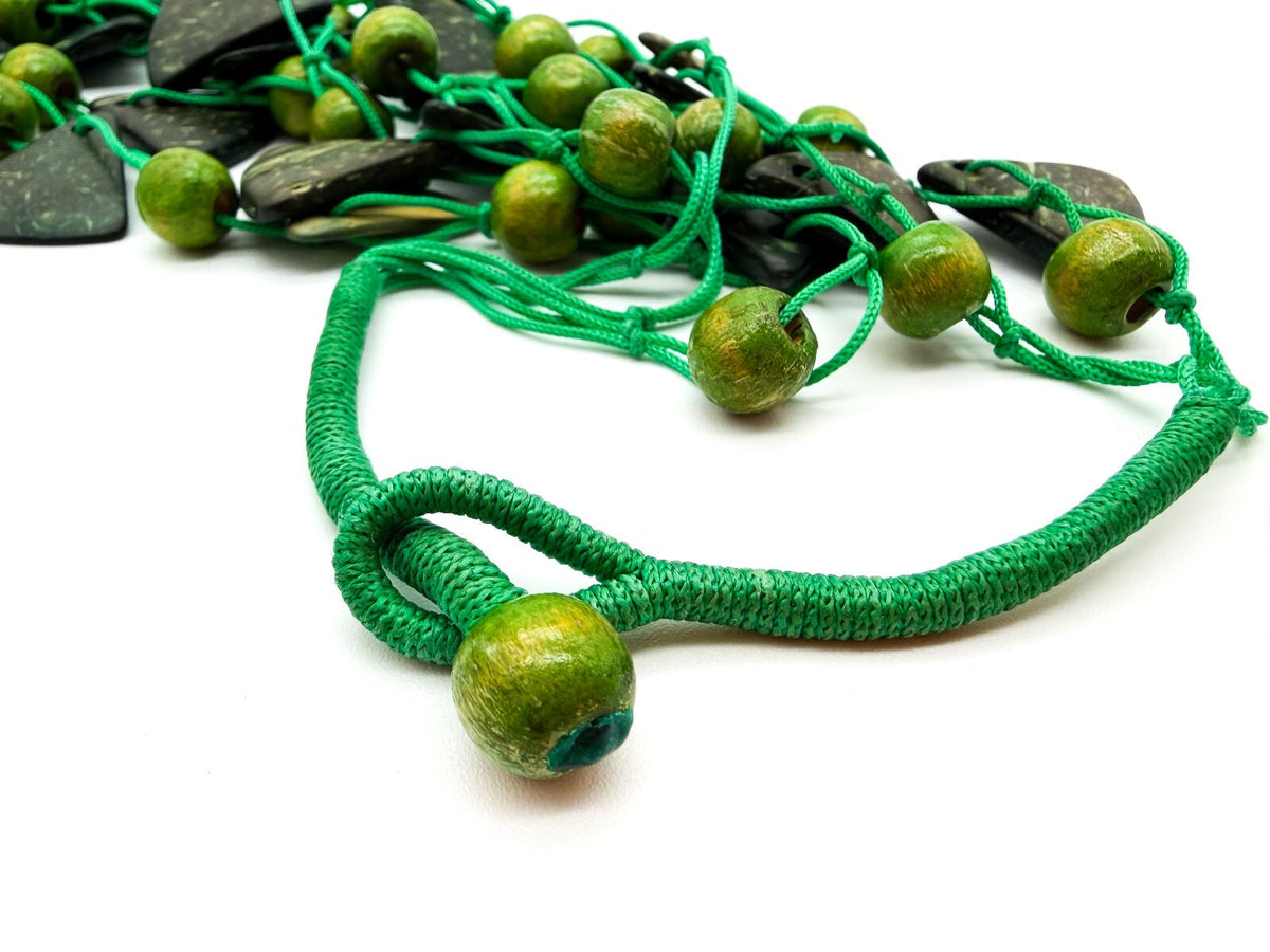 Boho Green Coconut Shell & Wood Bead Necklace Hand Knotted Statement