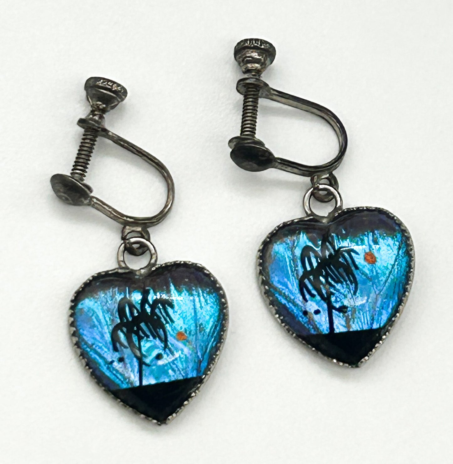 Vintage Sterling Silver Morpho Butterfly Wing Heart Screw Back Earrings Tropical
