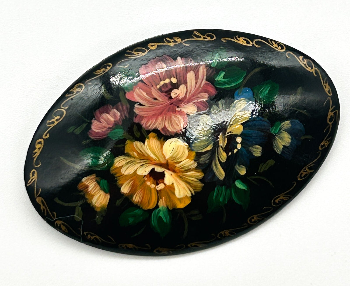 Vintage Russian Hand Painted Lacquer Floral Brooch Signed Black Gold Flower Pin